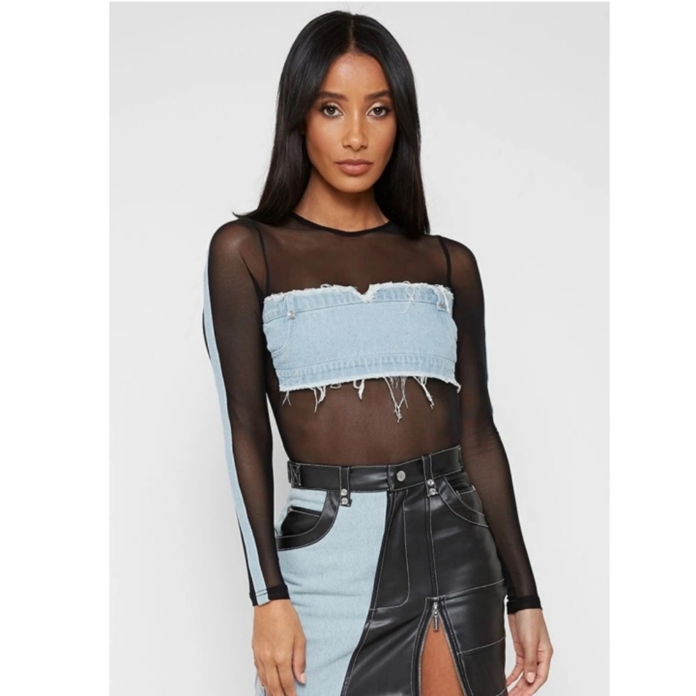 NWT Maniere de Voir denim mesh bodysuit